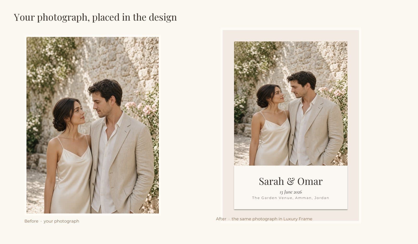 A couple photograph next to an invitation that uses the same photograph.