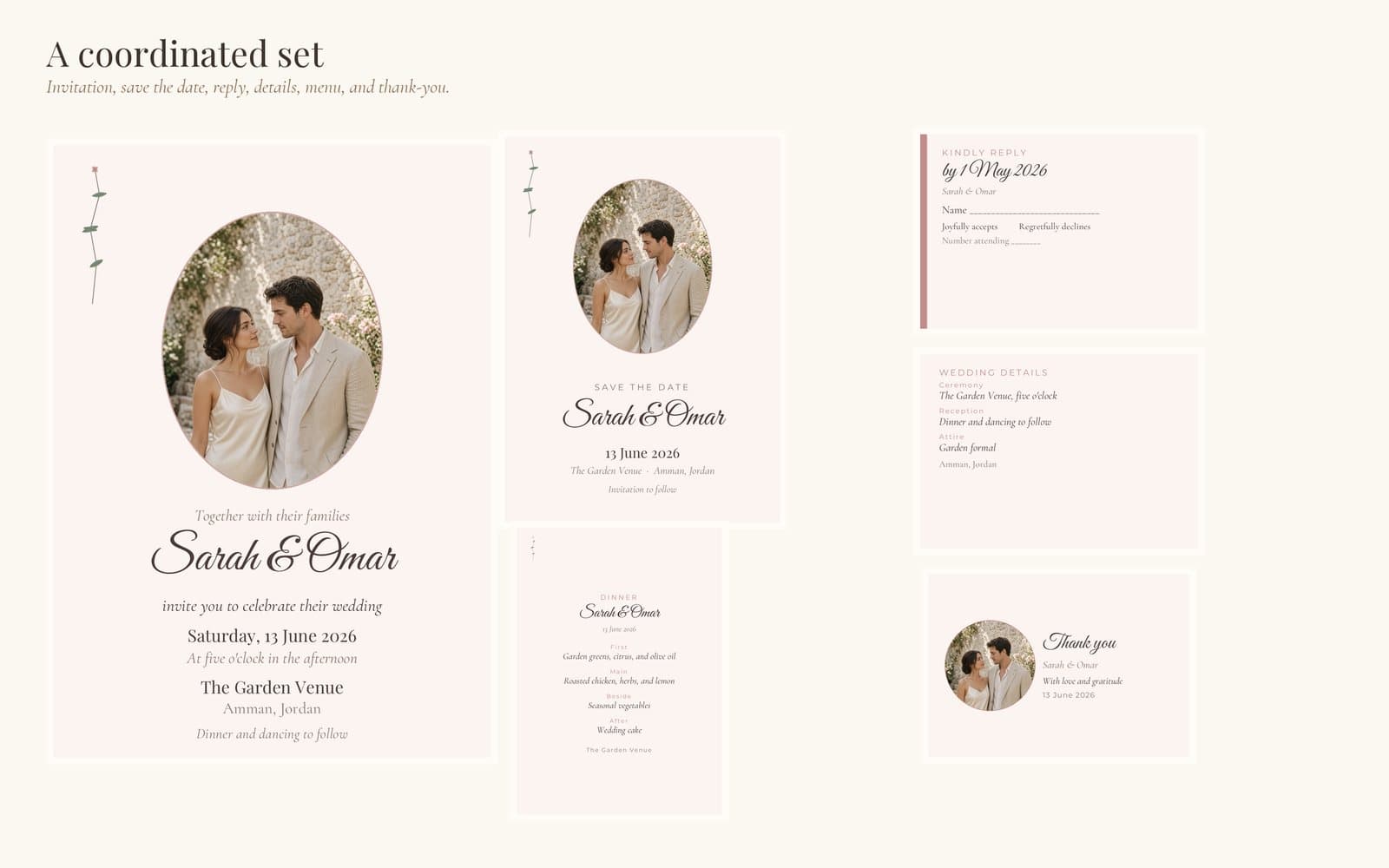 A coordinated set of wedding cards, including a save the date, reply card, menu, and thank-you card.