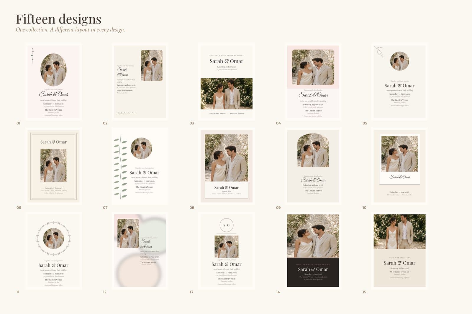 Overview of fifteen different wedding invitation designs.