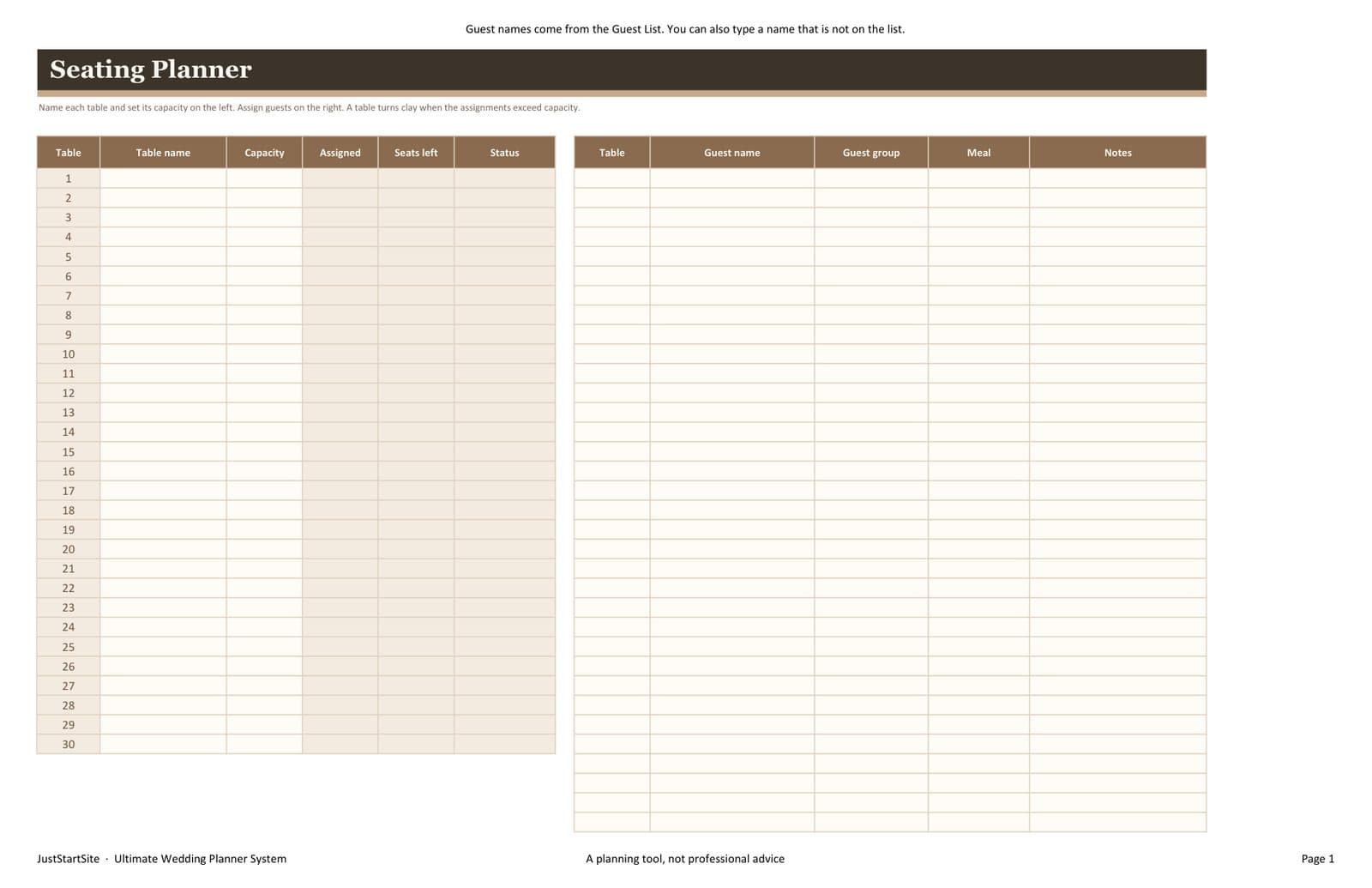 Seating Planner sheet with table capacity and guest assignments.