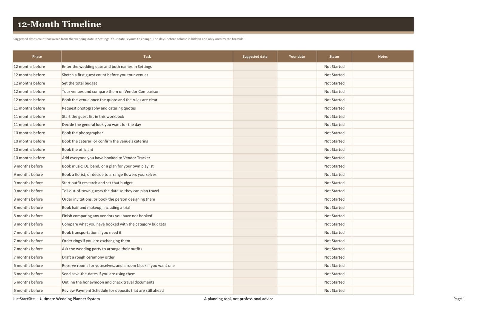 12-Month Timeline sheet with suggested planning dates that can be edited.