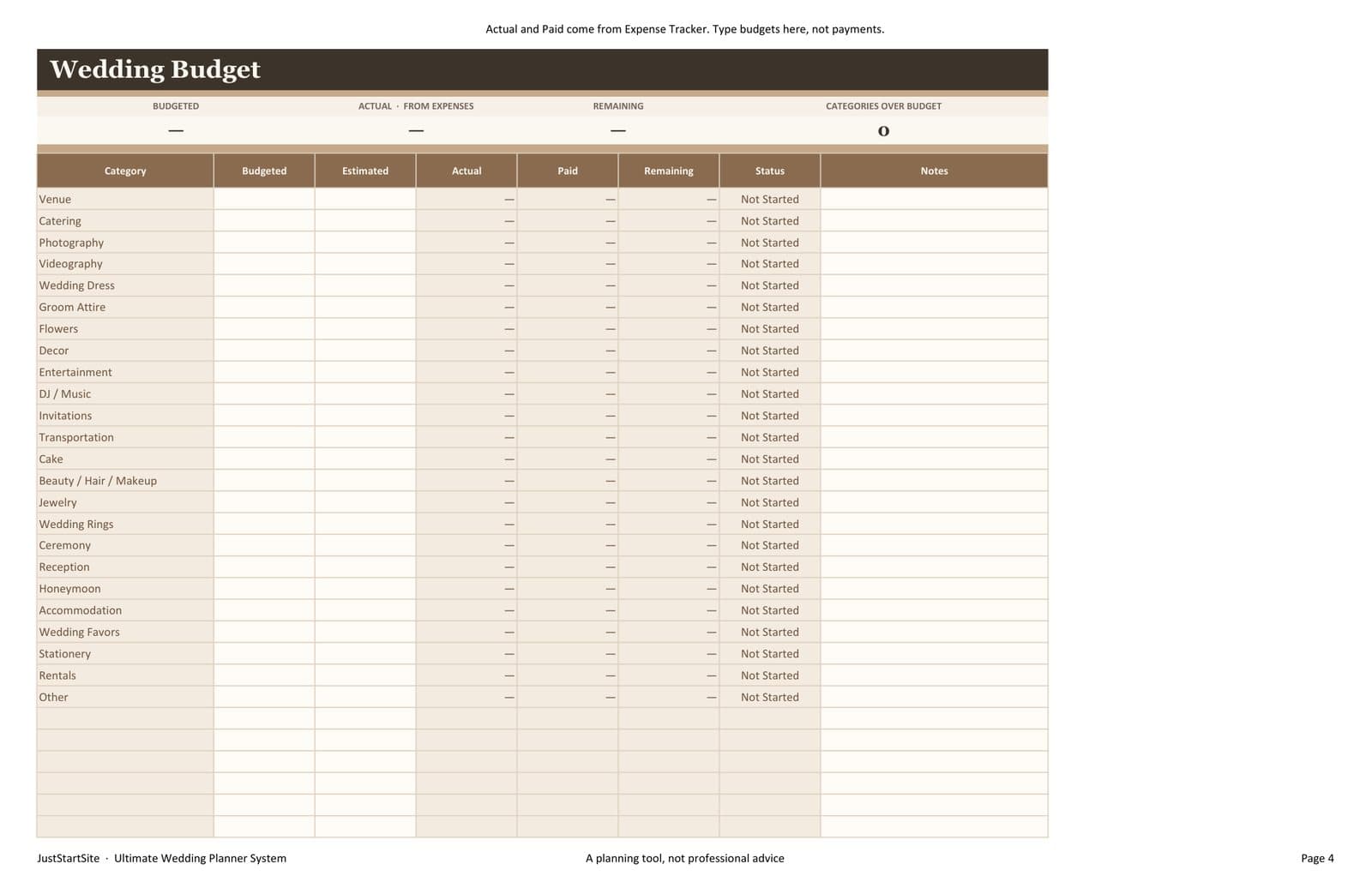 Wedding Budget sheet with category rows for planned and actual spending.