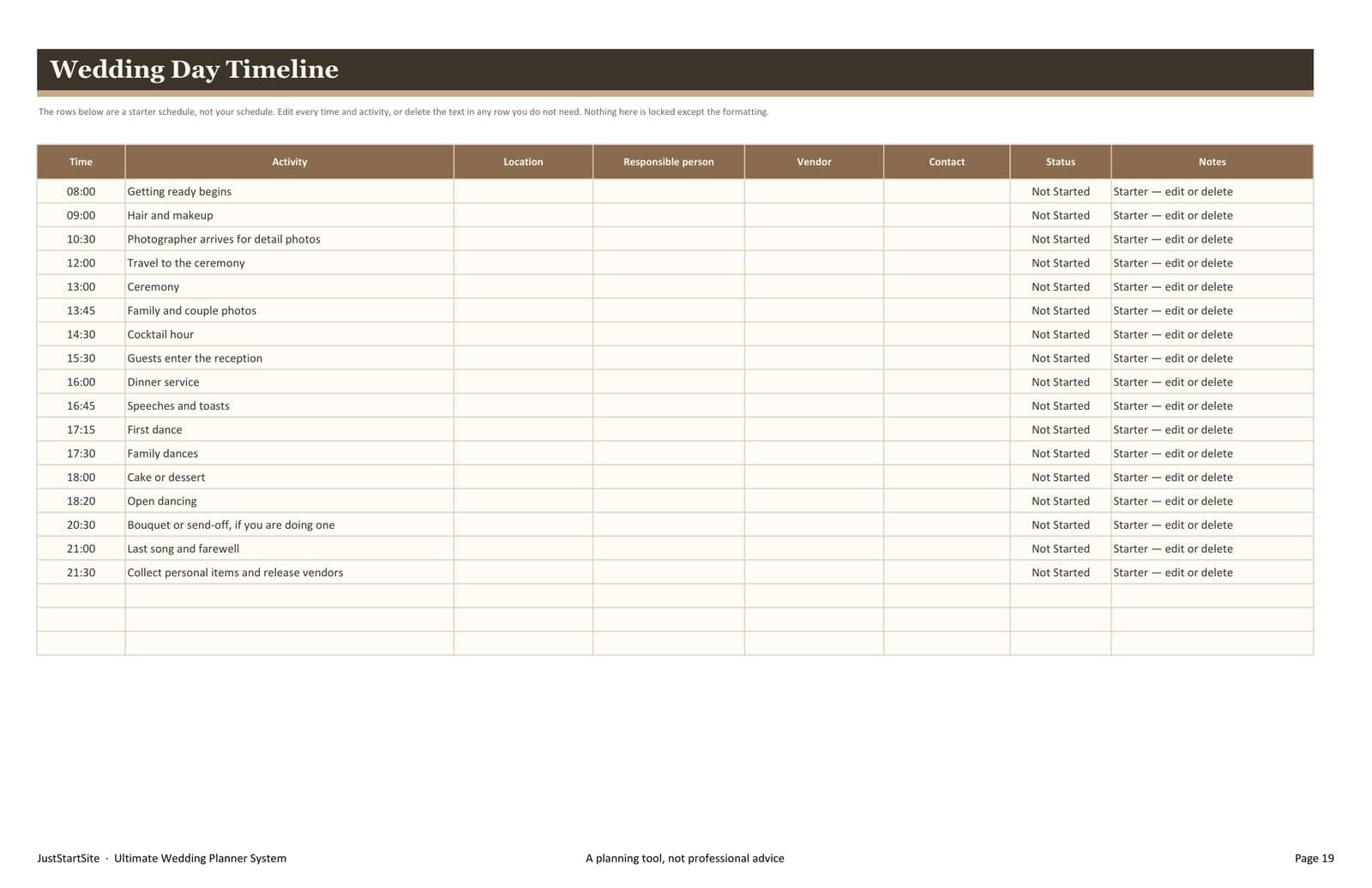 Wedding Day Timeline sheet with a starter schedule that can be edited.