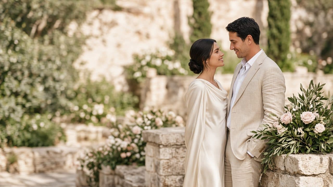 A couple in wedding clothes standing together in a sunlit stone garden with pale roses.